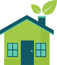 Illustration of a green house with a blue roof and a plant sprouting from the chimney, symbolizing eco-friendly living.