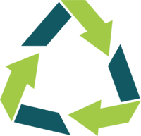 A graphic of a triangular recycling symbol consisting of three green arrows forming a continuous loop.