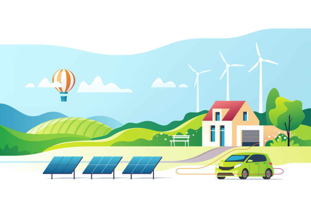 Illustration of a sustainable home with solar panels, wind turbines, an electric car charging, and a hot air balloon in the sky.