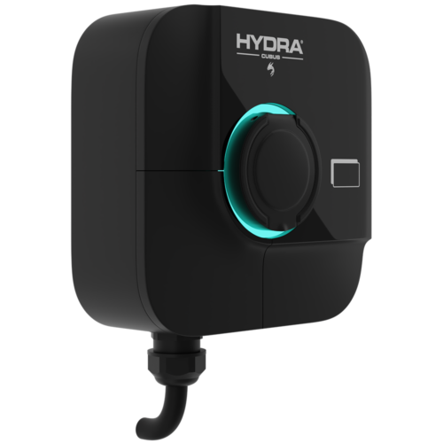 A side view of the black Hydra Cubus EV Charger.