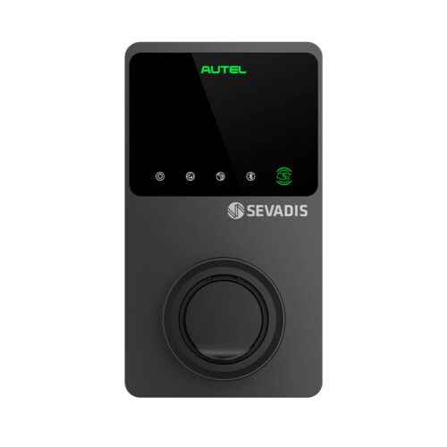 A sleek black electric vehicle charging station with a digital display screen and touch-sensitive buttons branded with Autel and Sevadis logos.